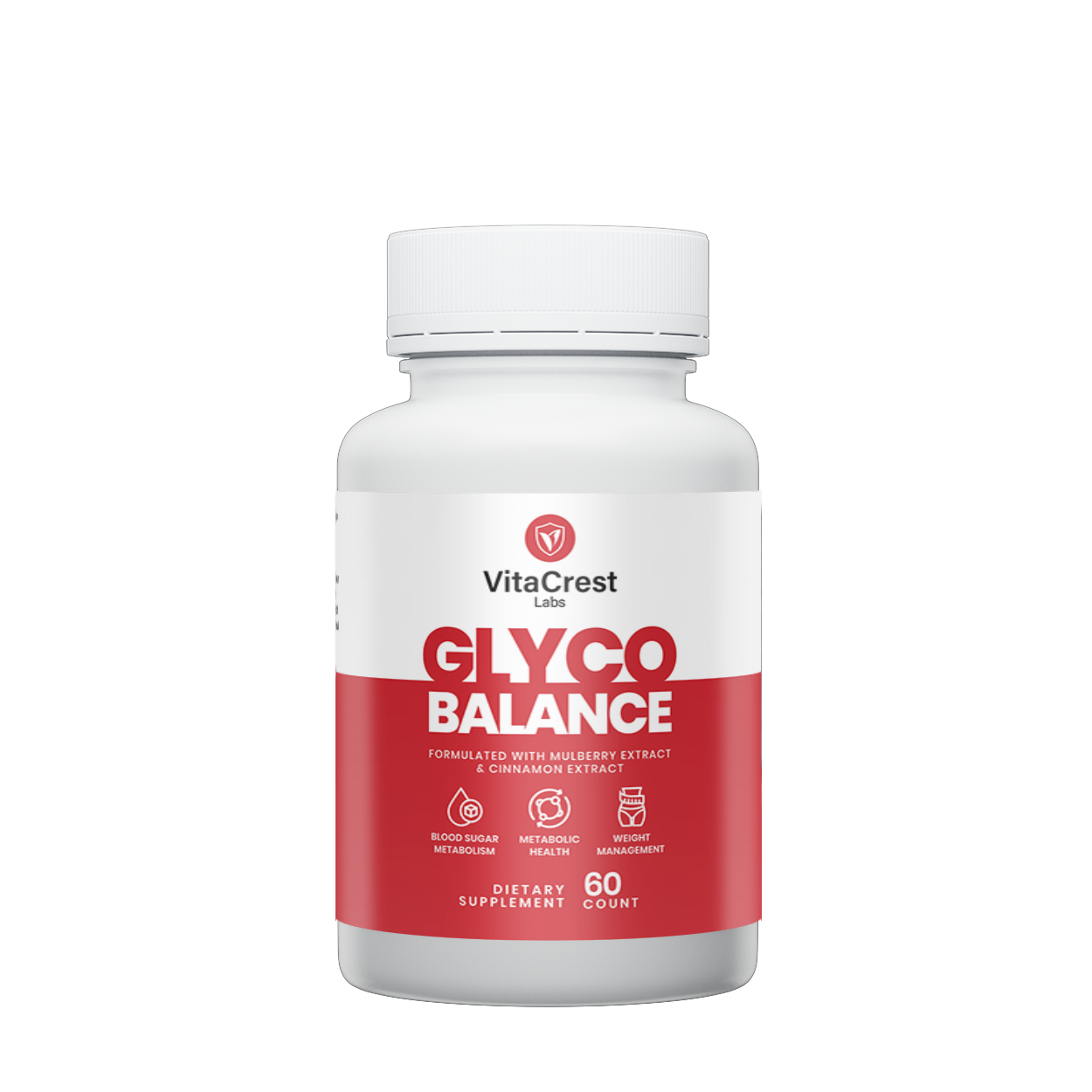 Bottle of VitaCrest GlycoBalance dietary supplement, 60 capsules