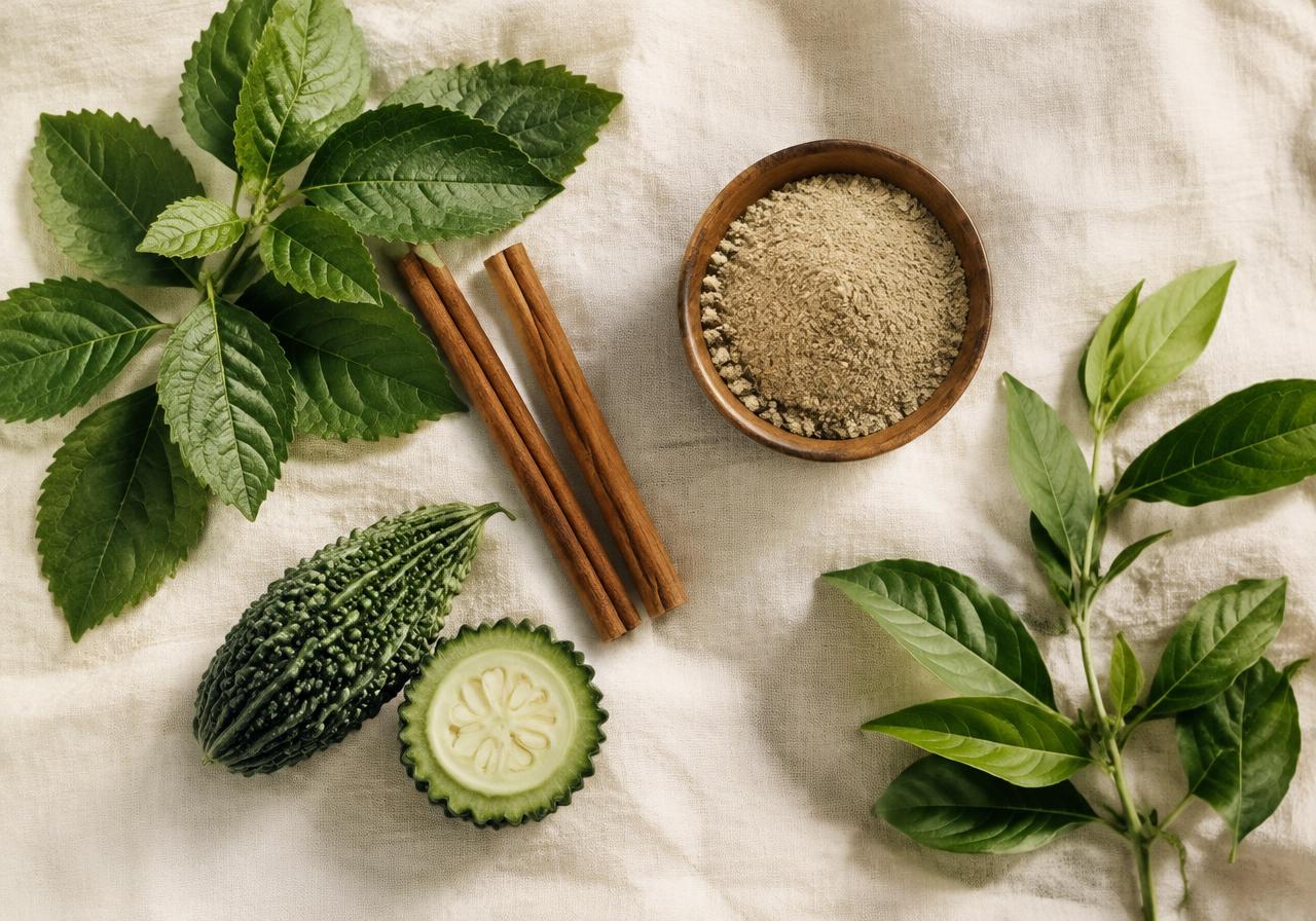 Mulberry leaves, cinnamon sticks, bitter melon and gymnema leaves on linen